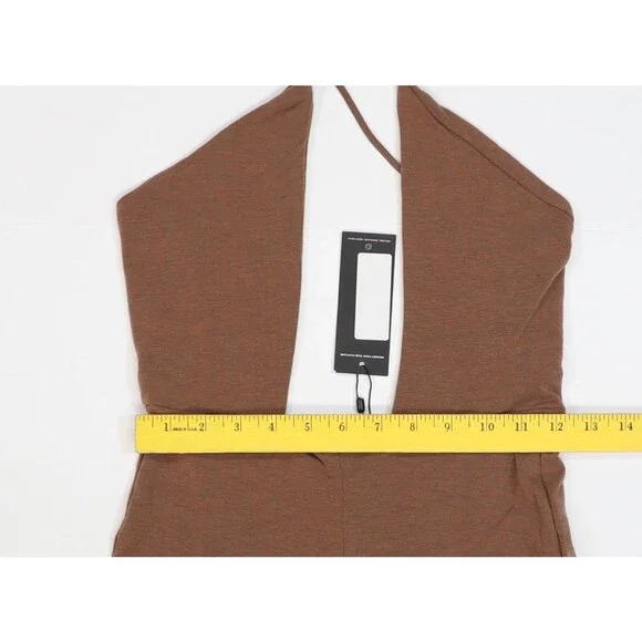 PRETTYLITTLETHING Romper Womens 8 Brown Halter Plunge Sleeveless Jersey Shorts - Picture 5 of 12
